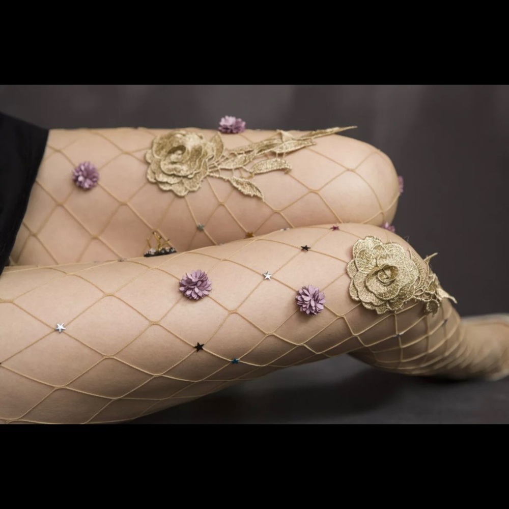 Beige Floral Appliqué Fishnet Tights